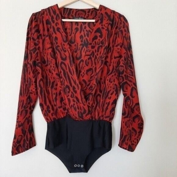 ZARA | Leopard Bodysuit Deep V-Neck Long Sleeve Red & Black Sz S - Picture 7 of 13